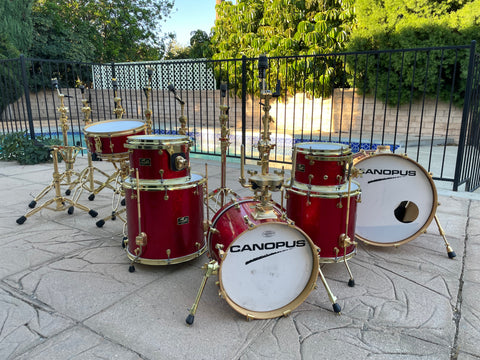 Alphonse Mouzon’s personal Canopus RFM 7-piece drum kit plus his cymbal stands and snare stands